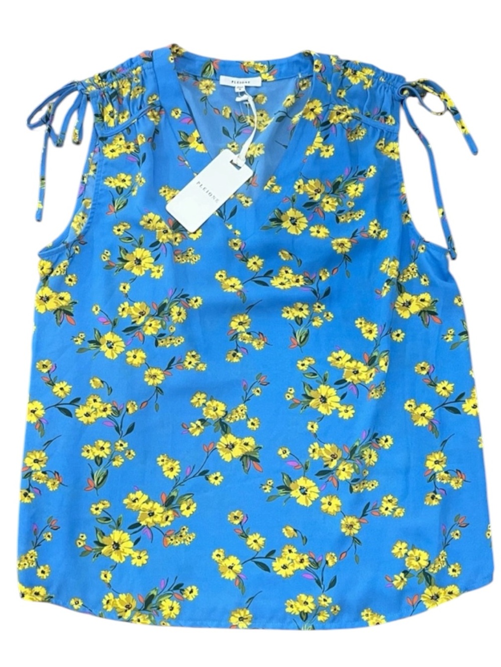 NORDSTROM PLEIONE Bright Blue with Yellow Floral Print Blouse Size Large NWT - Picture 3 of 8